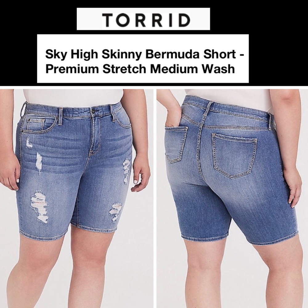 Torrid Premium Sky High Skinny Bermuda Shorts Distressed Light Wash Size 18